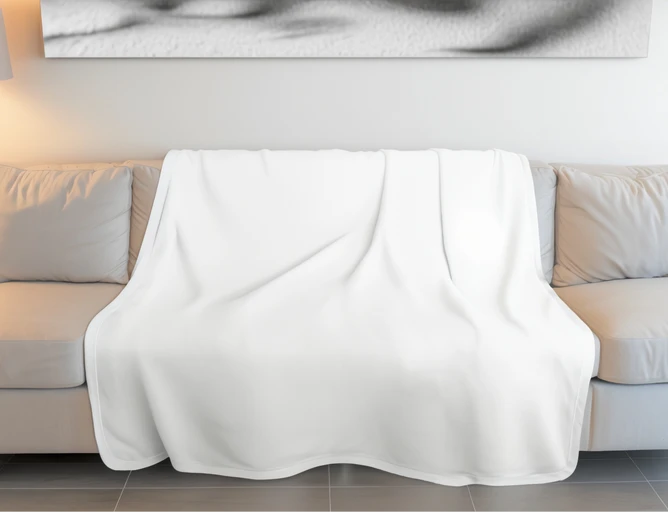 Blanket on beige couch mockup