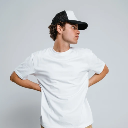 Young man wearing t-shirt and cap in studio Free Mockup Template