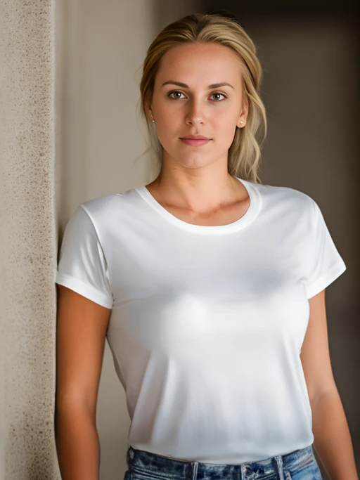 Young woman wearing t-shirt in hallway mockup